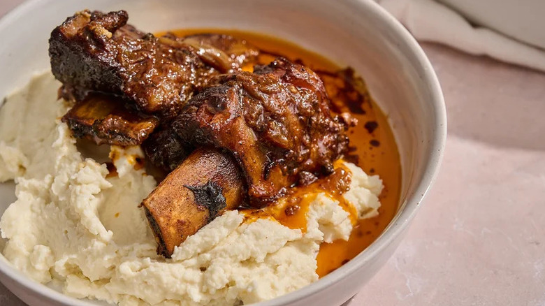 Stout Beer-Braised Short Ribs with Smoky Chiles with mashed potatoes in bowl