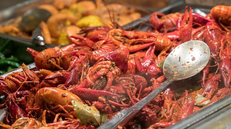 Crayfish on a tray with a spoon at 100's Seafood Grill Buffet