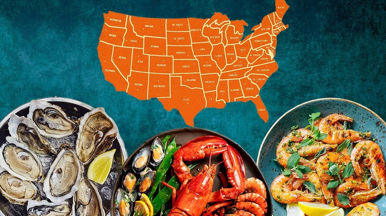 Three seafood dishes in front of a map of the United States