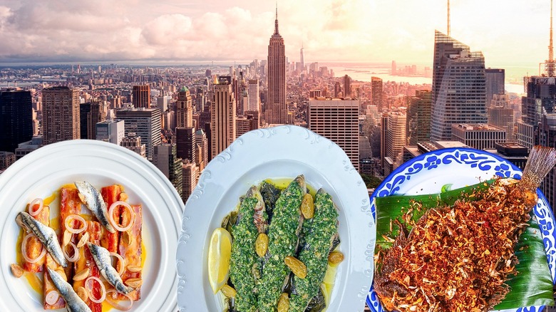 Plates of seafood with New York skyline