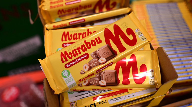 Marabou chocolate bars from Sweden stacked in rows