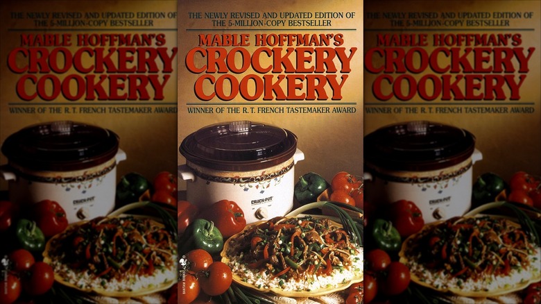 Crock pot on brown cover of Mable Hoffman's Crockery Cookery Cookbook