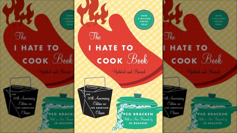 Red oven mitt on fire cartoon on yellow cover of The I Hate to Cook Book