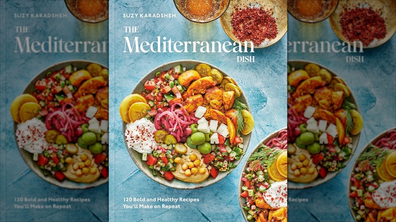 Mediterranean bowl on blue cover of The Mediterranean Dish cookbook