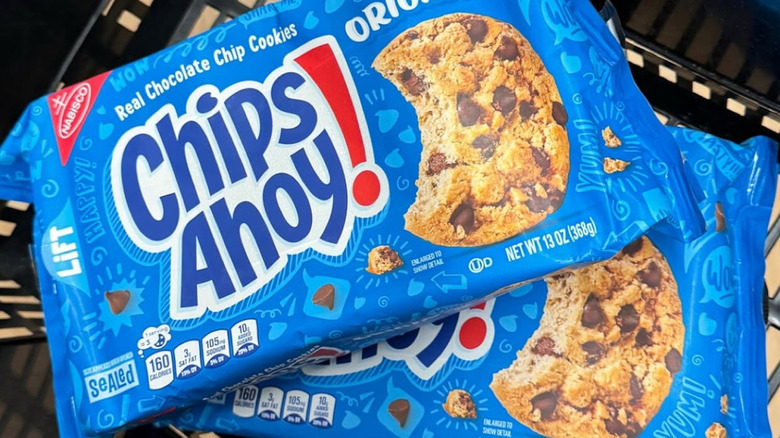 packages of Chips Ahoy in a grocery basket