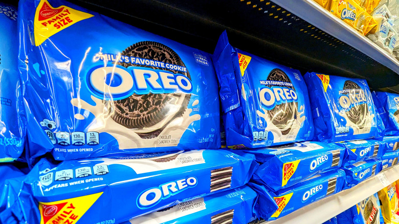 Oreo cookie packages on a grocery store shelf