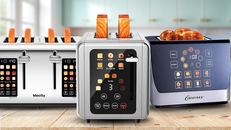 Three smart toasters with toasted bread on a wooden surface against a kitchen backdrop