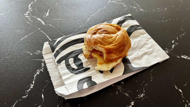 Starbucks double smoked bacon sandwich on marble