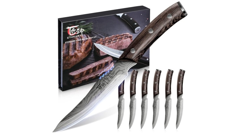 Syokami Steak Knife set and box against a white background