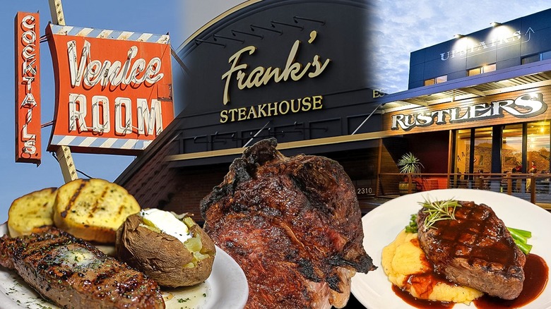 Composite image featuring low-cost steakhouses and their steaks