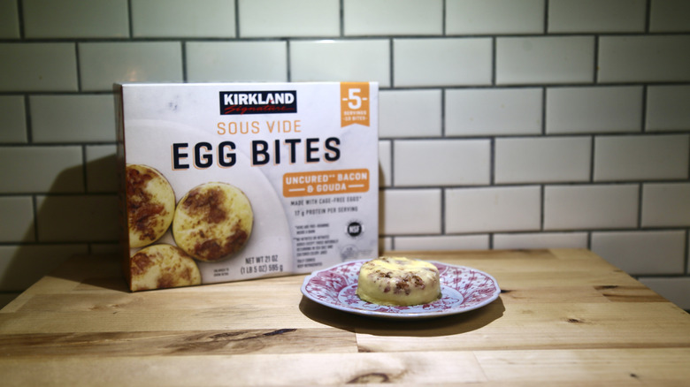 box of Kirkland egg bites with one on a plate