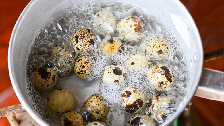 Quail eggs boiling in a pot