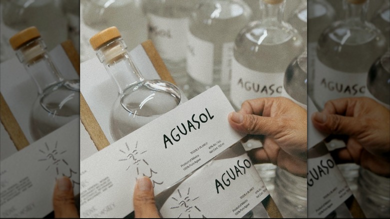 Hands putting a label on a bottle of Aguasol tequila