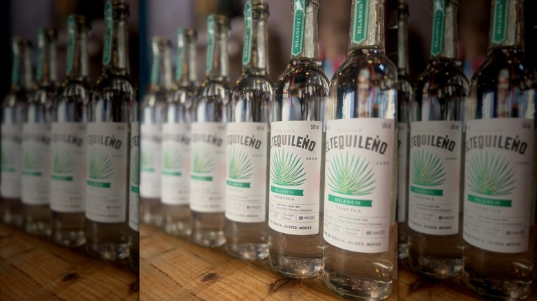 Several bottles of El Tequileǹo blanco lined up on a shelf