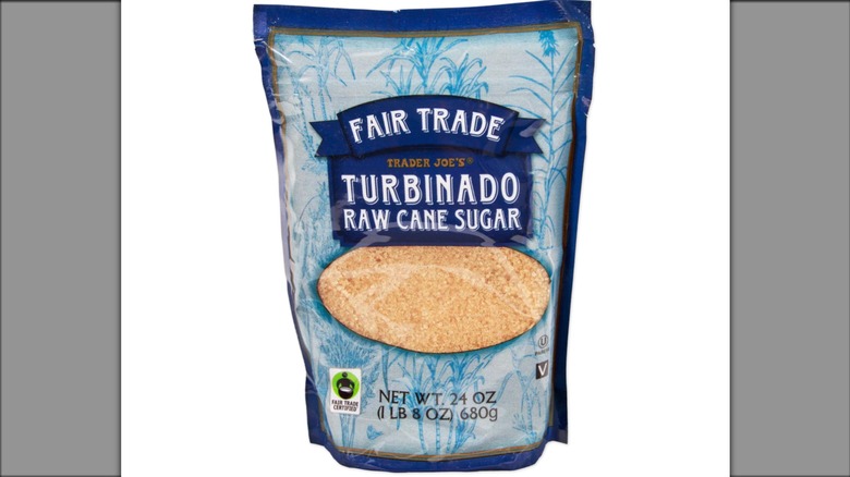 A blue bag of Trader Joe's Fair Trade Turbinado Raw Cane Sugar