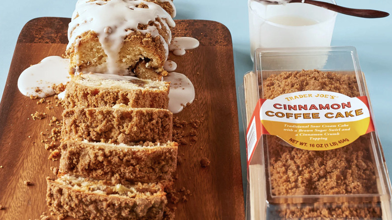 Trader Joe's Cinnamon Coffee Cake sliced and drizzled with glaze