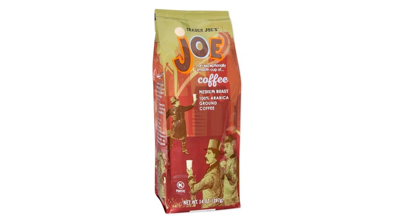 bag of Trader Joe Medium Roast Ground Coffee on white background