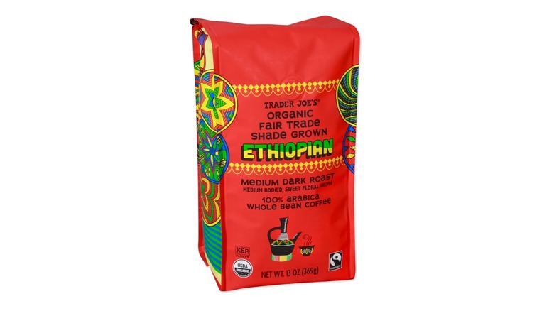 bag of Trader Joe's Organic Fair Trade Shade Grown Ethiopian Coffee on white background