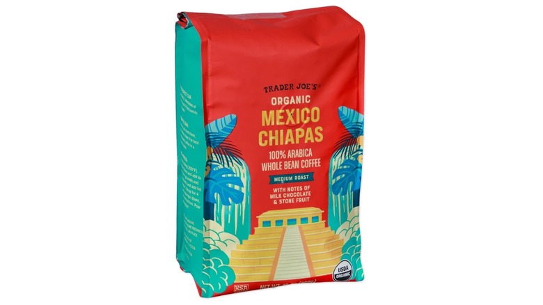 bag of Treader Joe's Organic Mexico Chiapas Coffee on white background