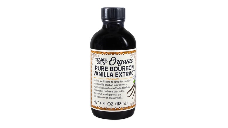 bottle of Trader Joe's Pure Bourbon Vanilla Extract on white background