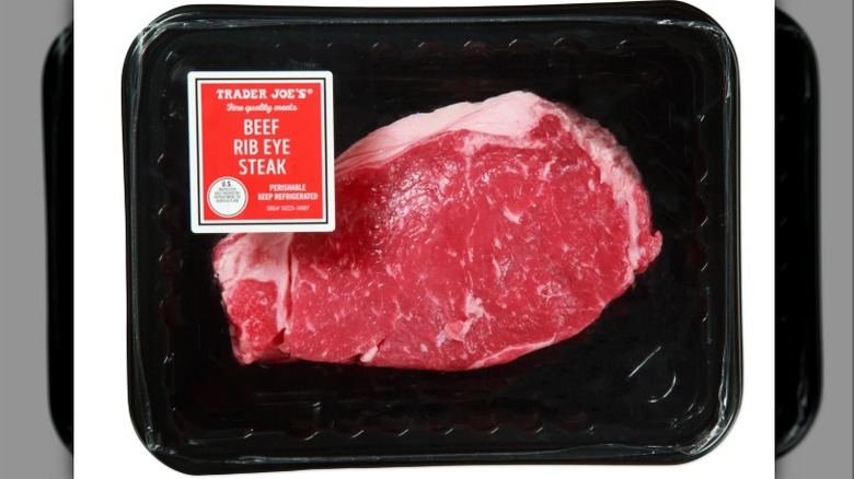 Trader Joe's beef rib-eye steak on white background
