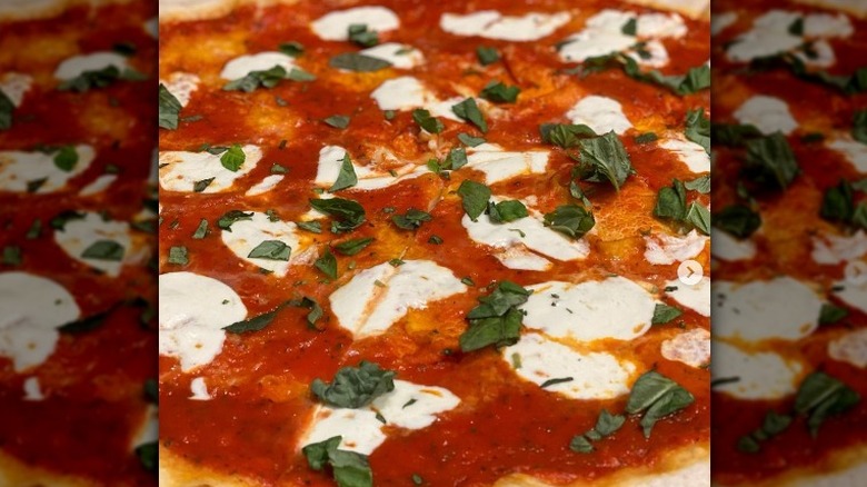 Sauce, cheese, and basil pizza