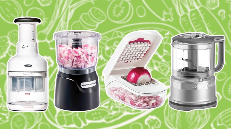 Composite image featuring several vegetable choppers