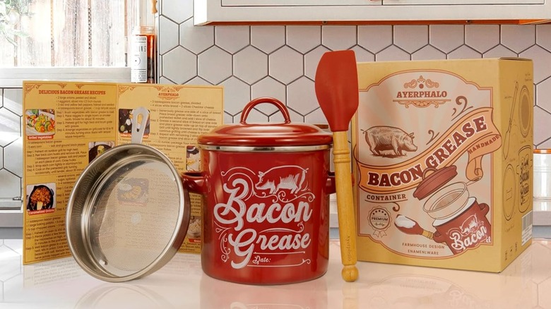 Ayerphalo Bacon Grease Container sitting on a kitchen counter