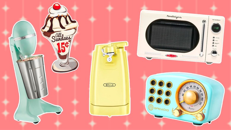 Composite of kitchen signs, microwave, DrinkMaster, can opener and radio on a pink background