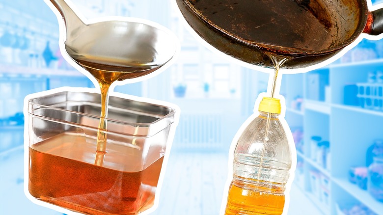 pans pouring oil into bottles