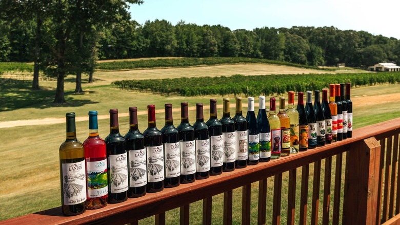 A row of Landry Vineyards bottles of wine, balanced on porch railing with vineyards and trees in the distance.