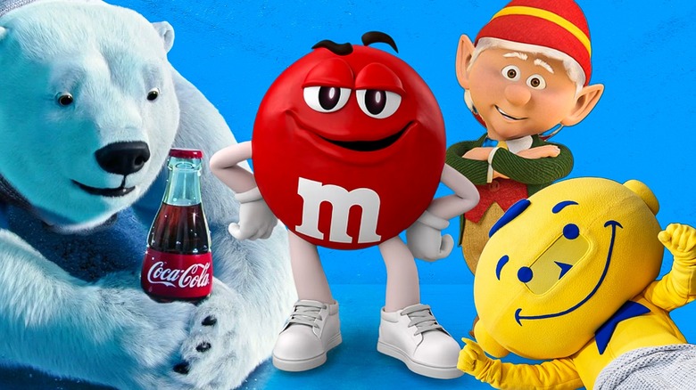 Composite image of Coke's polar bears, red M&M, Keebler Elf, and Lemonheads