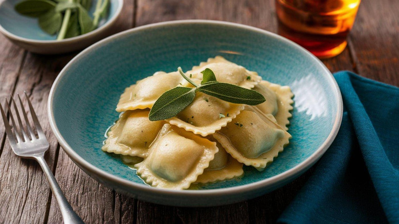 plate of ravioli with sage leaves