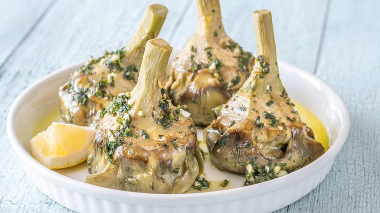 carciofi alla romana, which is also known as pan-braised artichokes
