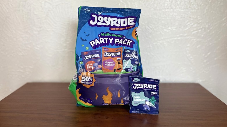 Joyride's Halloween Party Pack next to a smaller bag of Sour Smacks