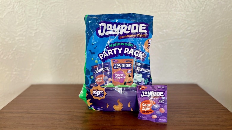 Joyride's Halloween Party Pack next to a smaller bag of Sour Zips