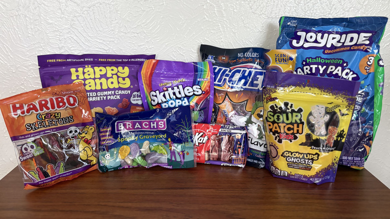 Halloween candy line-up featuring Haribo, Hi-Chew, Joyride, and more