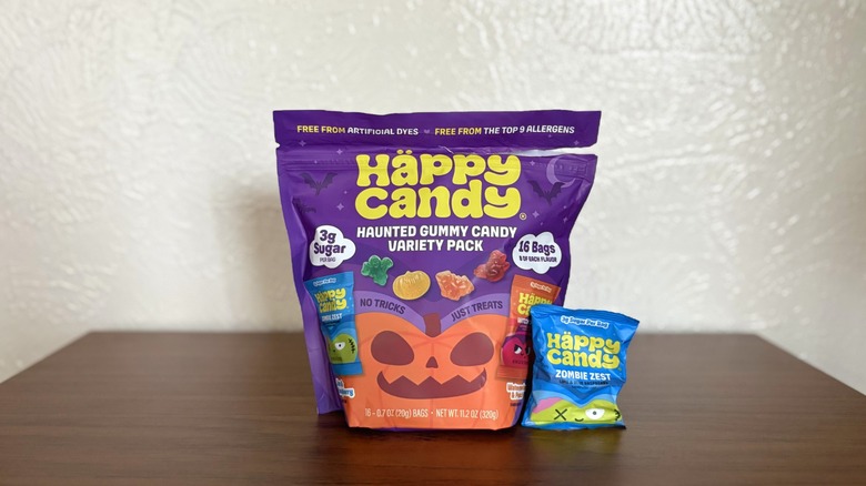 Häppy Candy Halloween variety pack next to a smaller bag of Zombie Zest