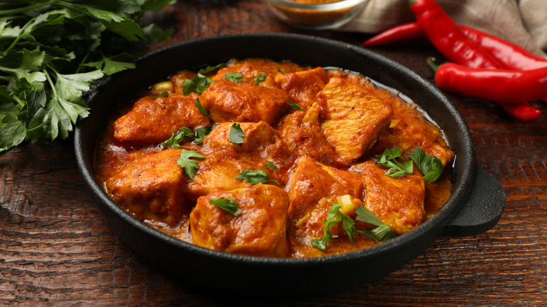 Close-up of spicy Indian chicken tikka masala.