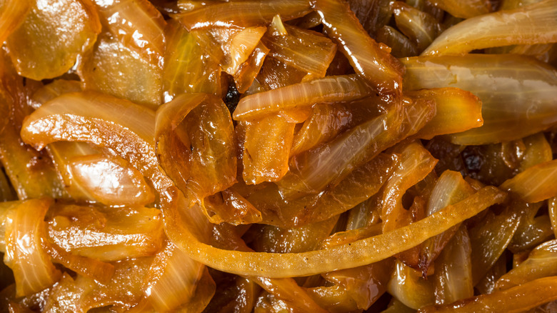 Close up of jammy caramelized onions