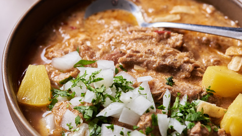 Close-up on a bowl of pork chili