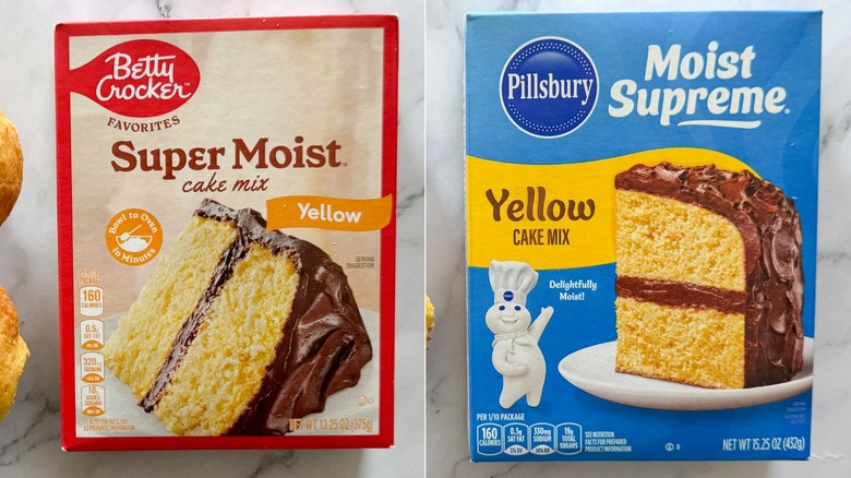 Closeup split image of Pillsbury and Betty Crocker boxed yellow cake mix