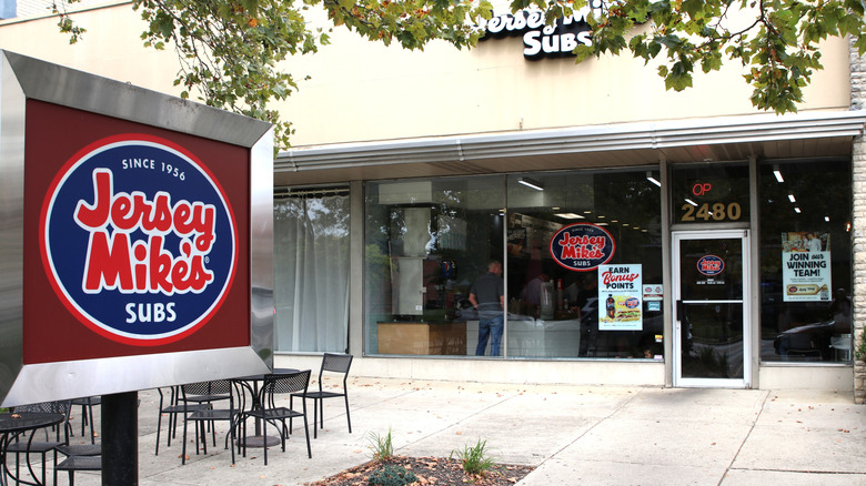 Jersey Mike's Subs sign outside and view of the front of the restaurant