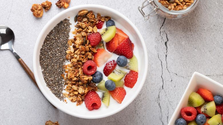 Kefir bowl with chia seeds, granola, and fruit
