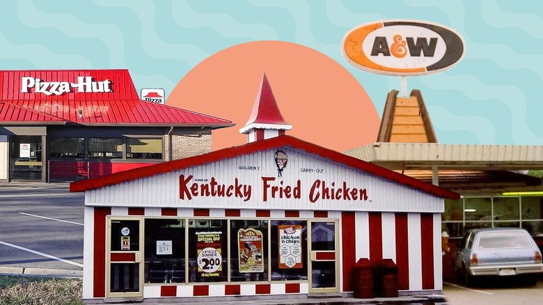 collage of vintage pizza hut, kfc, and a&w buildings