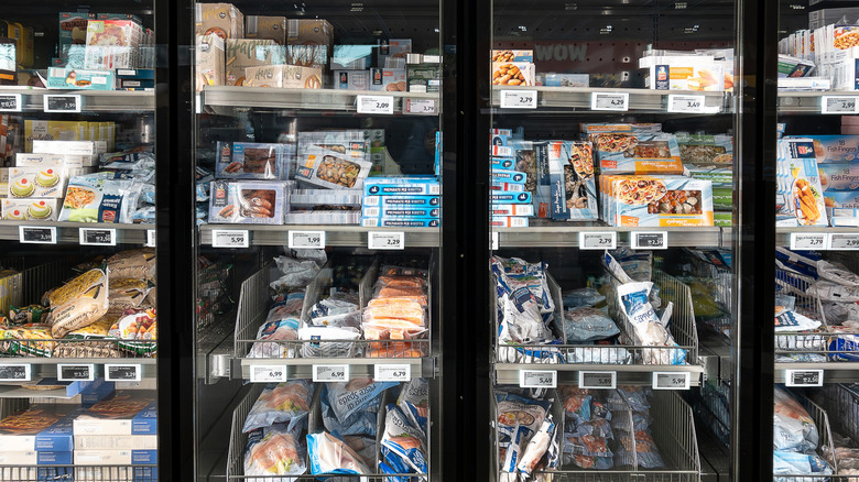 Seafood in Aldi supermarket display cabinets