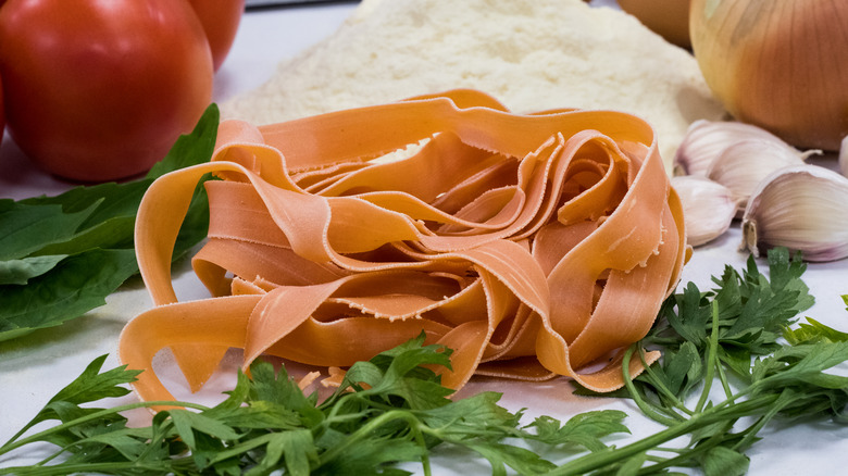 orange pappardelle and ingredients
