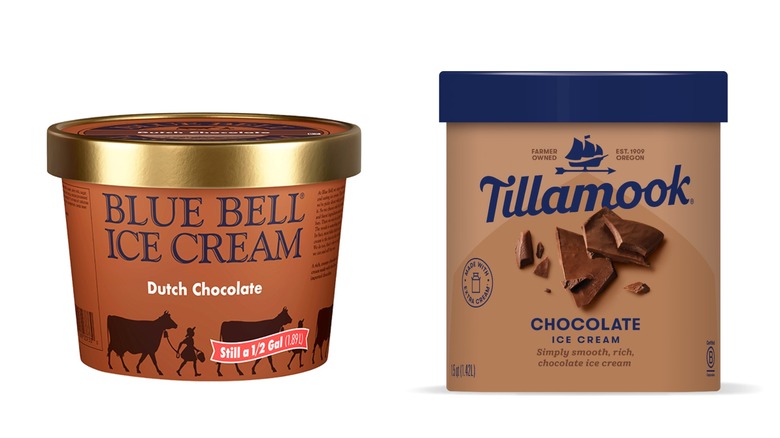 Containers of Blue Bell Dutch Chocolate and Tillamook Chocolate ice creams on white background