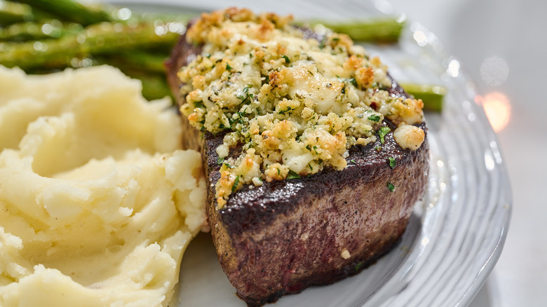 Close up of a steak on a plate