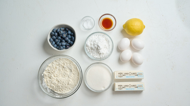 Blueberry lemon pound cake ingredients on a table